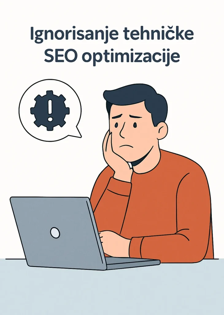 Zabrinut muškarac sedi za računarom zbog tehničkih SEO problema na sajtu