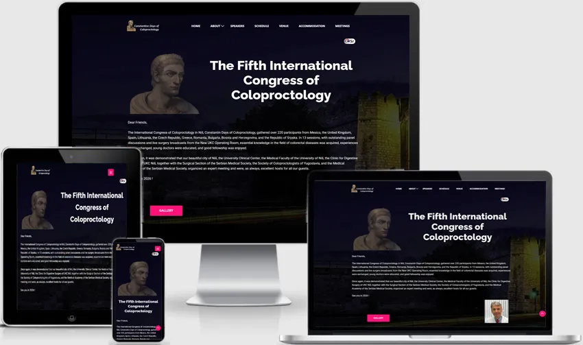 Responsive prikaz sajta Constantine Days of Coloproctology sa programom i informacijama o učesnicima